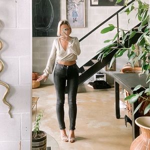 Gold lamé Zara cross front crop top with bell sleeves